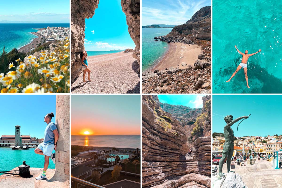 a collage of different beaches and hikes in rhodes greece