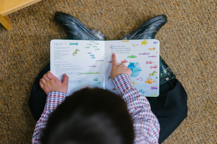 A young kid seated on the floor reading a book about marine life.