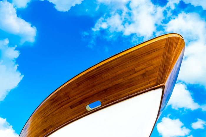view of the bottom of a boat with a glossy wood finish