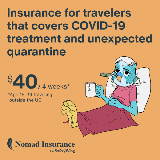 safetywing advert for travel insurance that covers covid treatment and quarantine costs