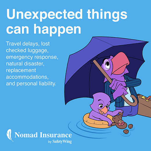 advert for safetywing nomad travel insurance that covers costs for travel delays, lost luggage, emergency medical expenses and personal liability