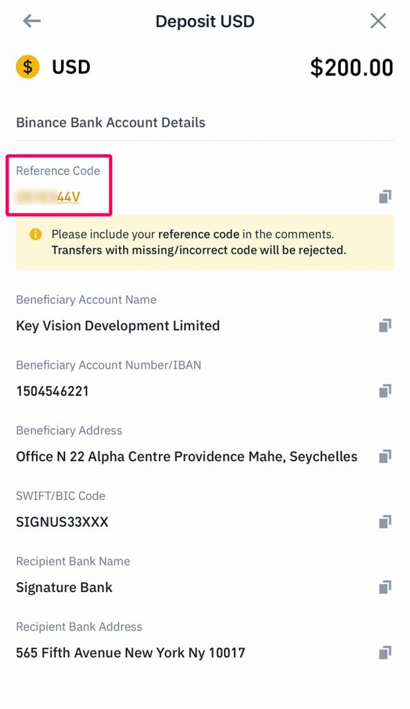 a screenshot of binance bank account details required to transfer and deposit money into your binance account