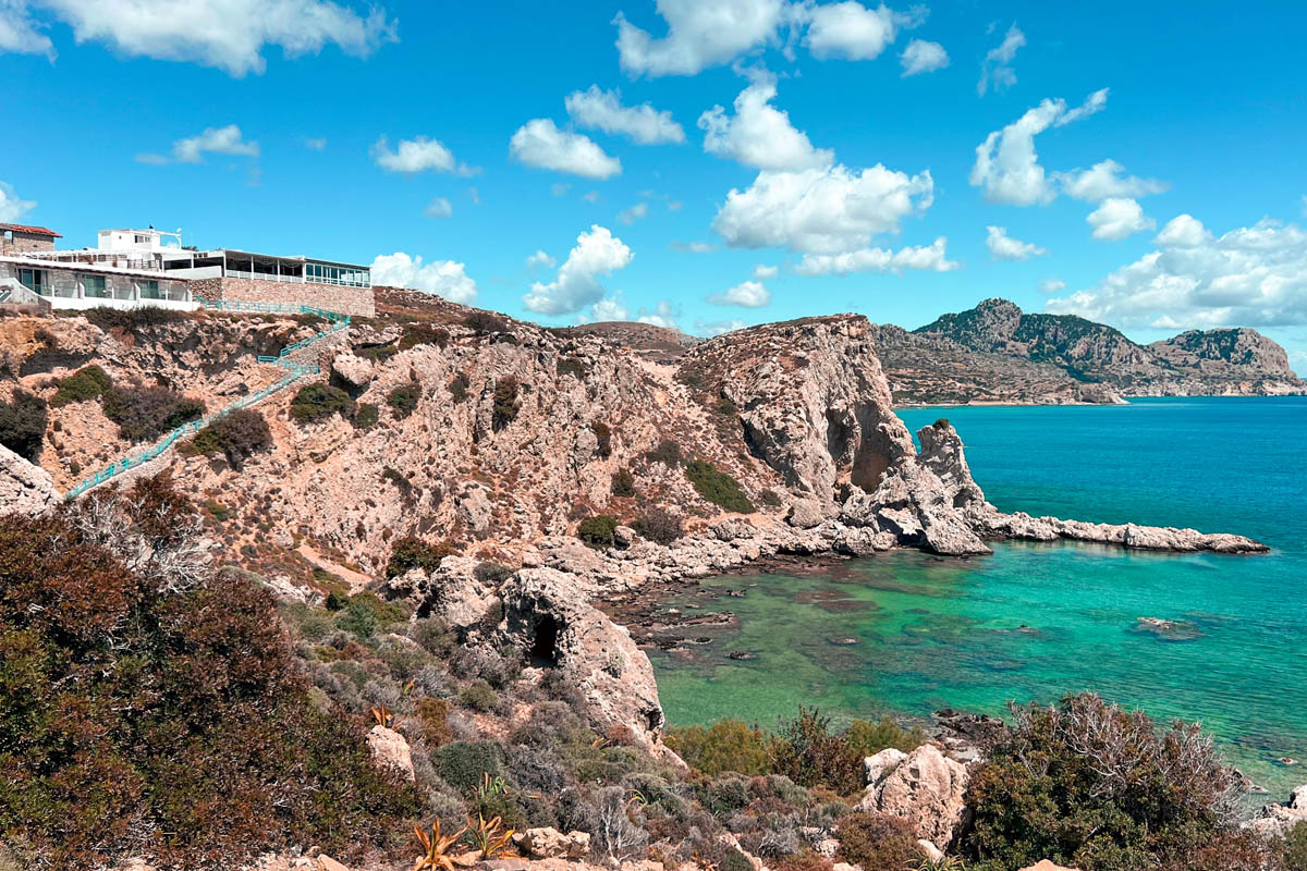 a view of archangelos caves below grande blue restaurant in rhodes