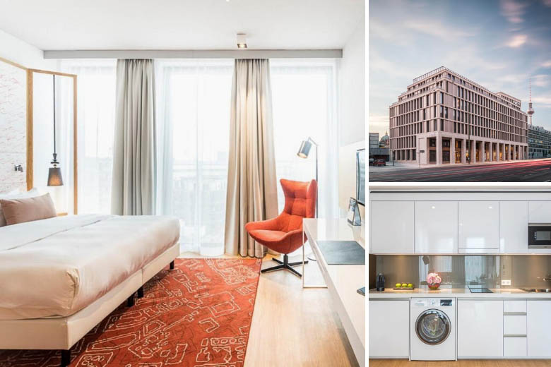 photos of the capri by fraser apartment hotel in berlin showing the bedroom, kitchen and exterior facade of the building