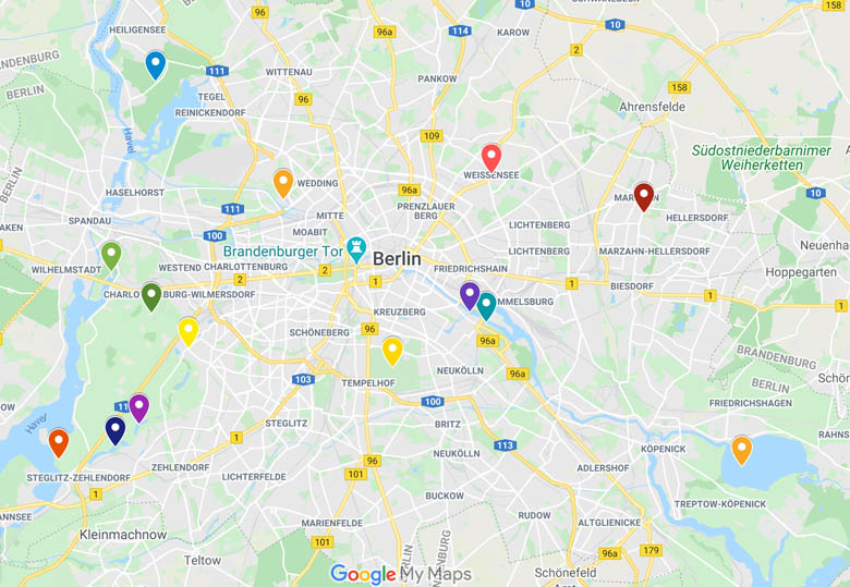 google map showing best outdoor activities like lakes, forests and parks to do in Berlin
