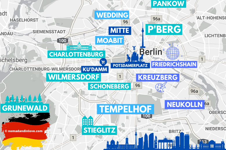 map showing the different neighborhoods, districts and suburbs in Berlin