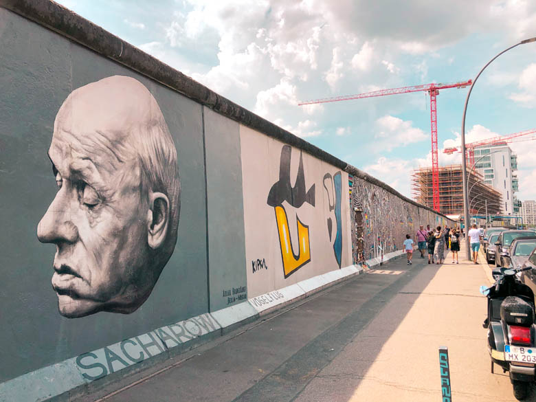 east side gallery with pope francis graffiti during coronavirus pandemic