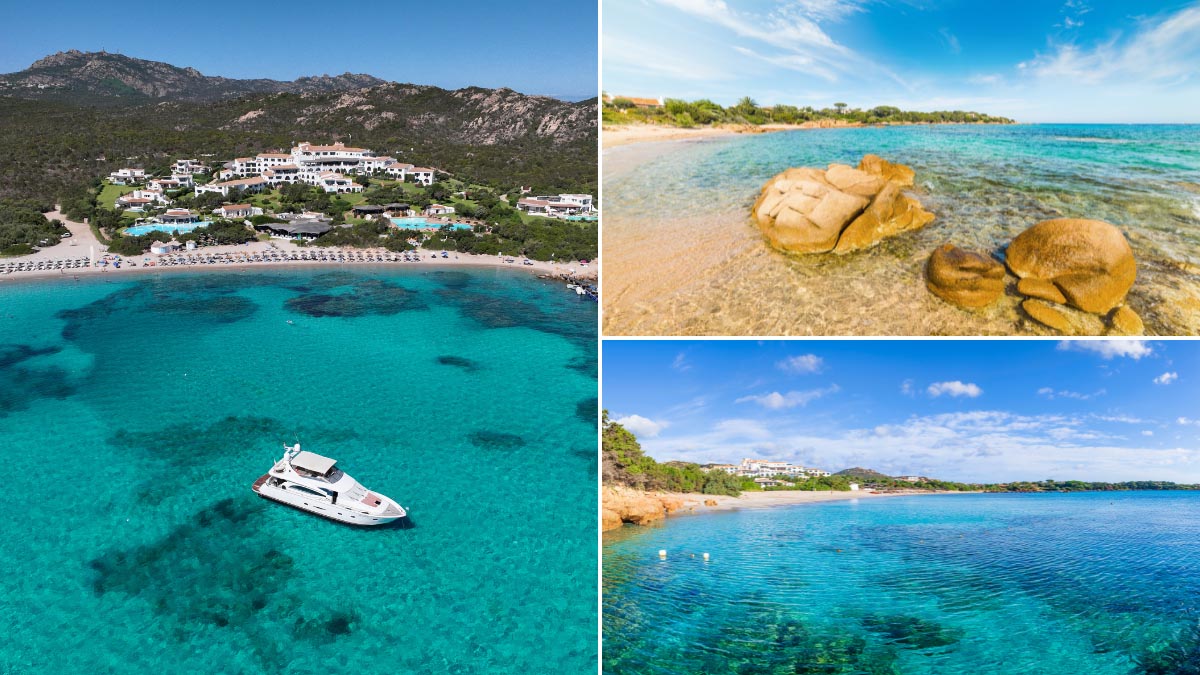 a collection of photos of del romazzino beach along costa smeralda
