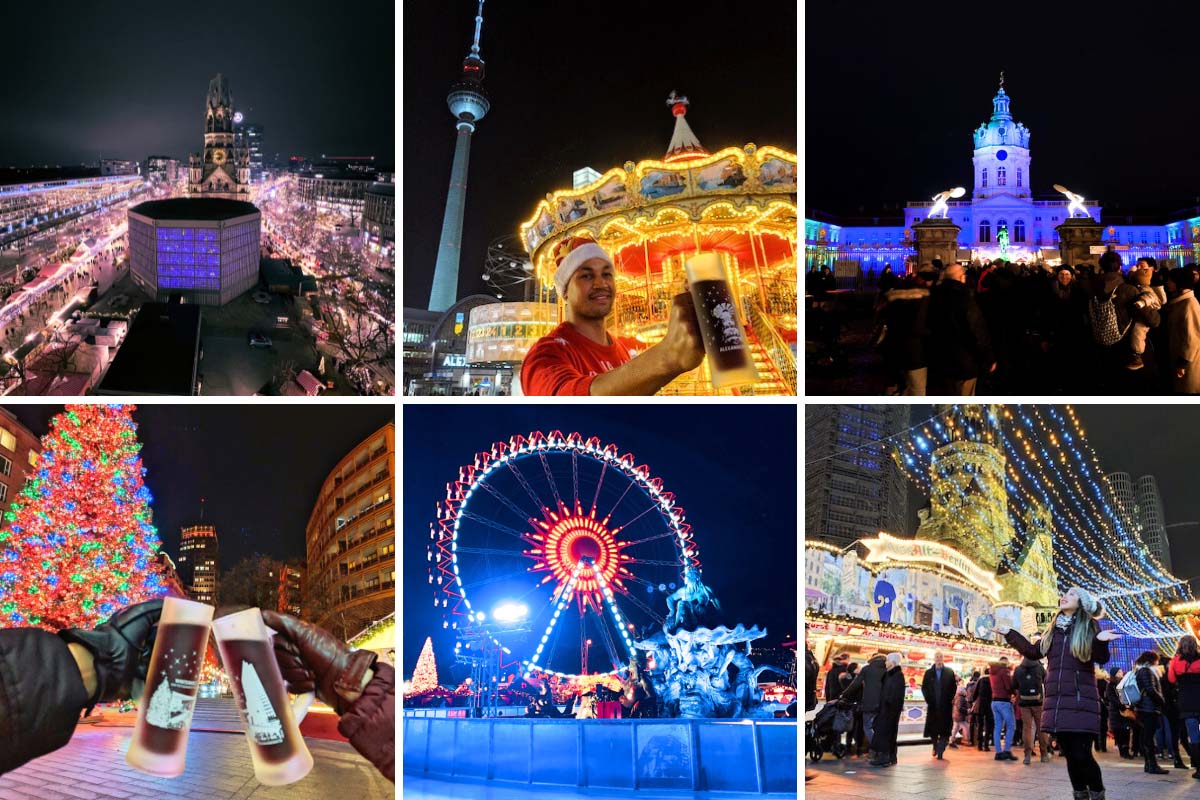 a collage of photos from the best german christmas markets in berlin from kurfurstendamm, alexanderplatz, charlottenburg, potsdamer platz to rotes rathaus 