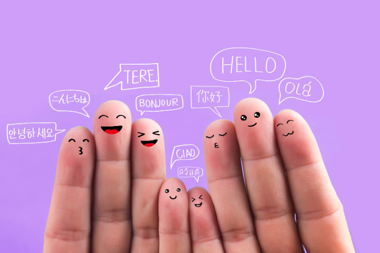 animated photo with fingers that have various faces and speech bubbles above them with the word hello said in different languages