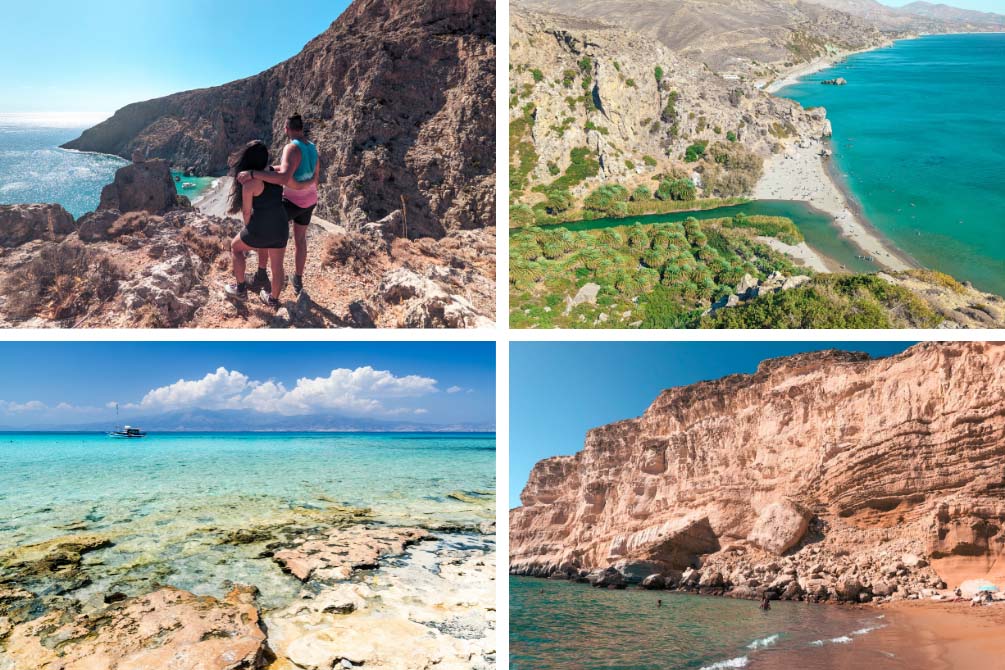 a collage of best beaches to visit in south crete which include preveli, matala beach, red beach and chrissi island in greece