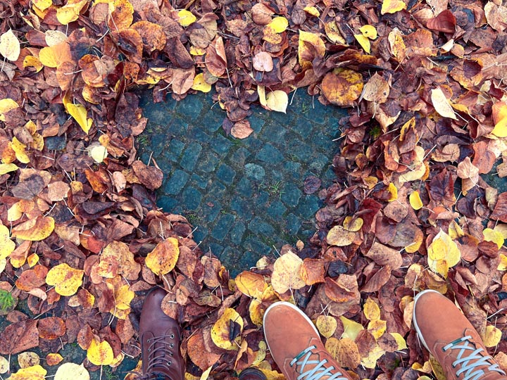 colorful autumn leaves shaped into a heart on the pavement in berlin framed by two pairs of shoes