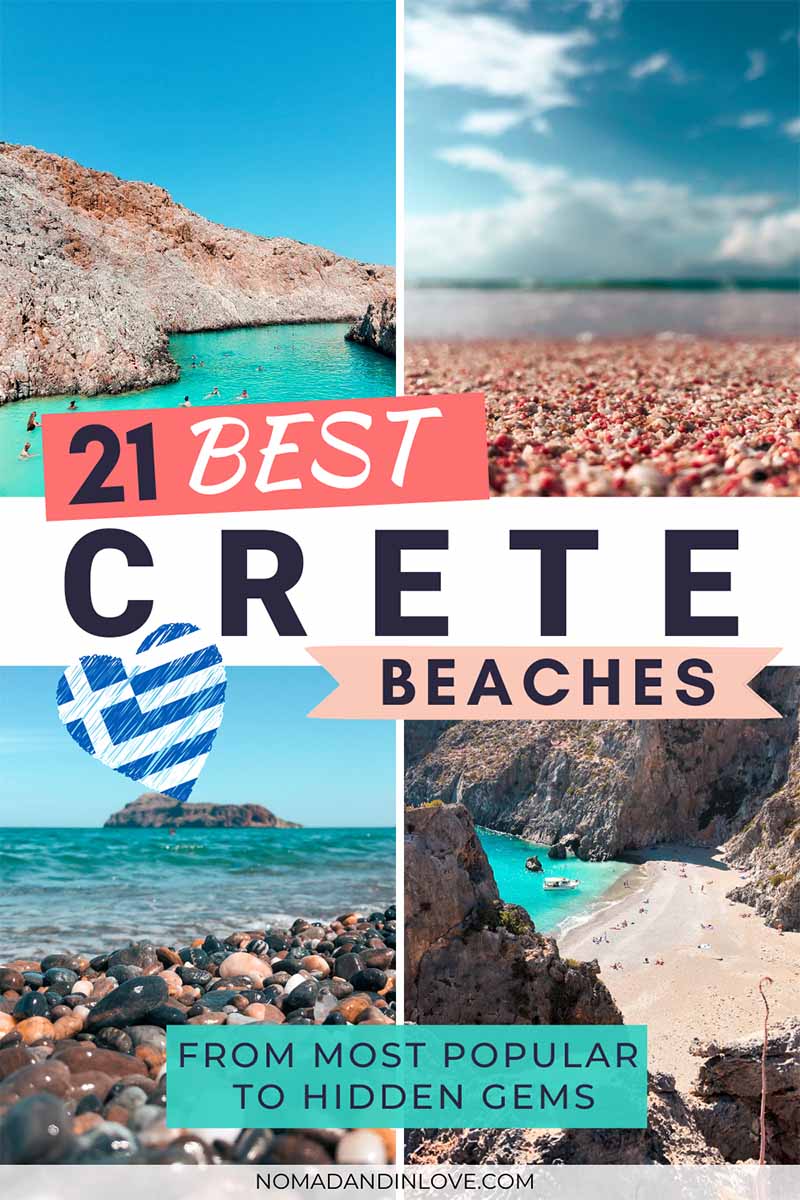 pinterest image for a crete travel guide that features 21 best beaches to visit on crete island greece