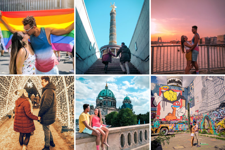 collage of a berlin blogger couple taking photos at various attractions in berlin