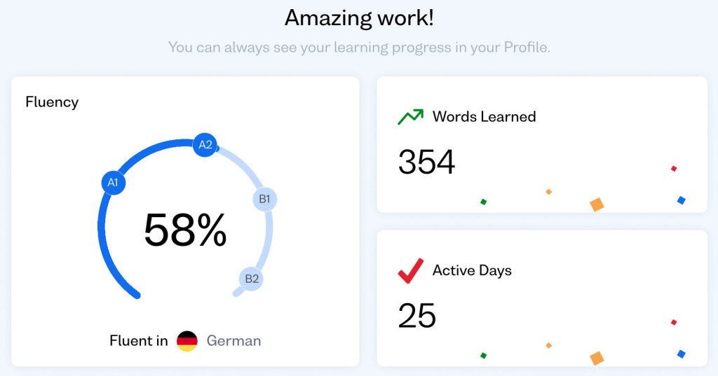 busuu language learning placement test and progress chart