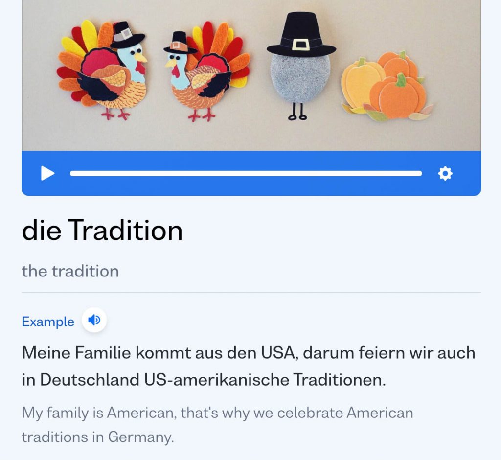 busuu language learning app showing how the german words die Tradition fits in a sentence