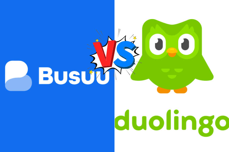 busuu blue logo on the left and duolingo in green on the right with the words vs in the middle