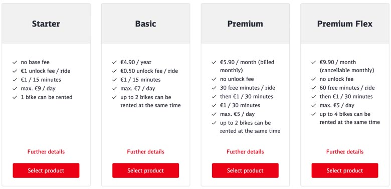 different pricing structure or tariffs to rent call a bike in berlin germany