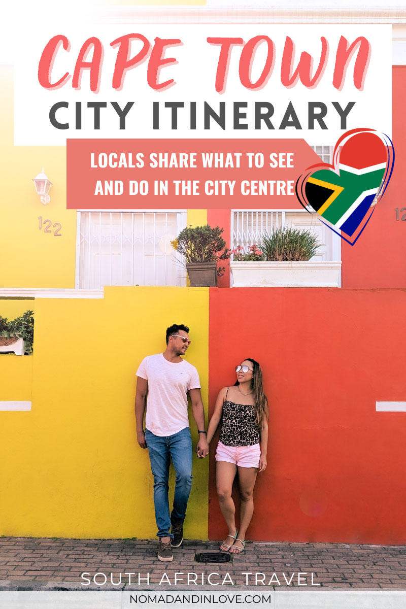 a travel itinerary for a walking tour in cape town city centre south africa with an image of a couple standing against the colorful houses in bo-kaap