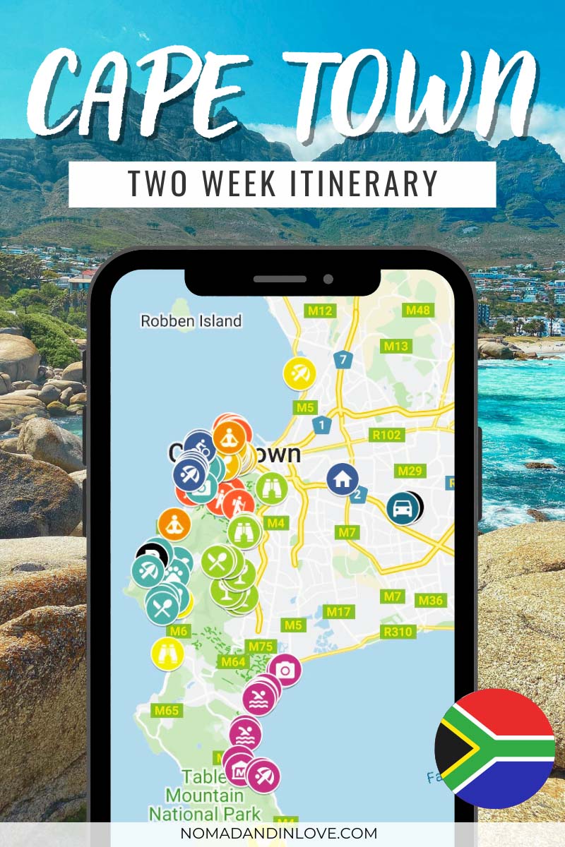 a map to find the best things to do in Cape Town in 14 days from where to stay, where to eat including restaurants, vineyards, coffee shops and bars, where to park including free and paid for parking, the best beaches and hikes to do in Cape Town South Africa