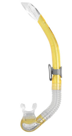 a yellow and transparent snorkel that has a clip to fit into a diving mask and a splash-proof tip