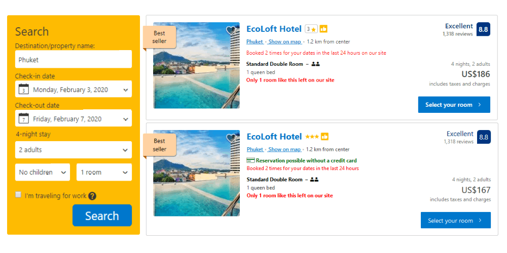 comparison of cheap travel deals on Booking.com