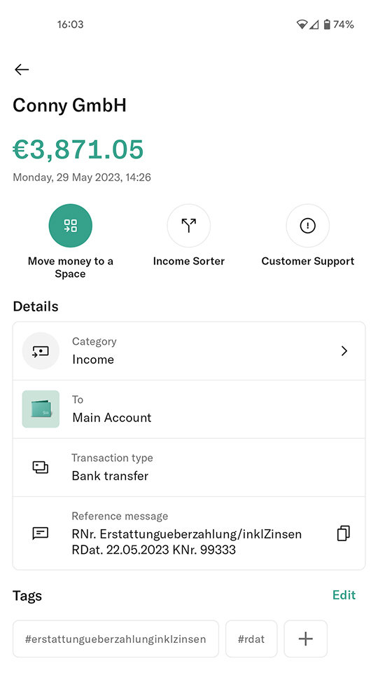 payment of €3,871.05 received from Conny for overpayment of rent paid into an N26 bank account