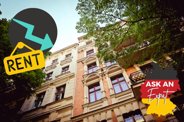 old building style apartments in Berlin with trees on either side with a decrease arrow positioned in the top left hand corner and the word rent written under it