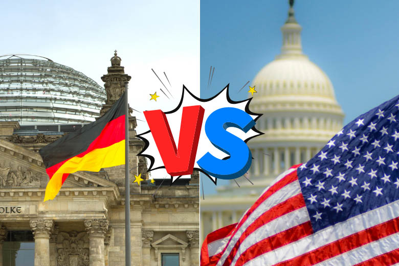 the german flag against the reichstag building vs the US flag against washinging dc parliamentary building 