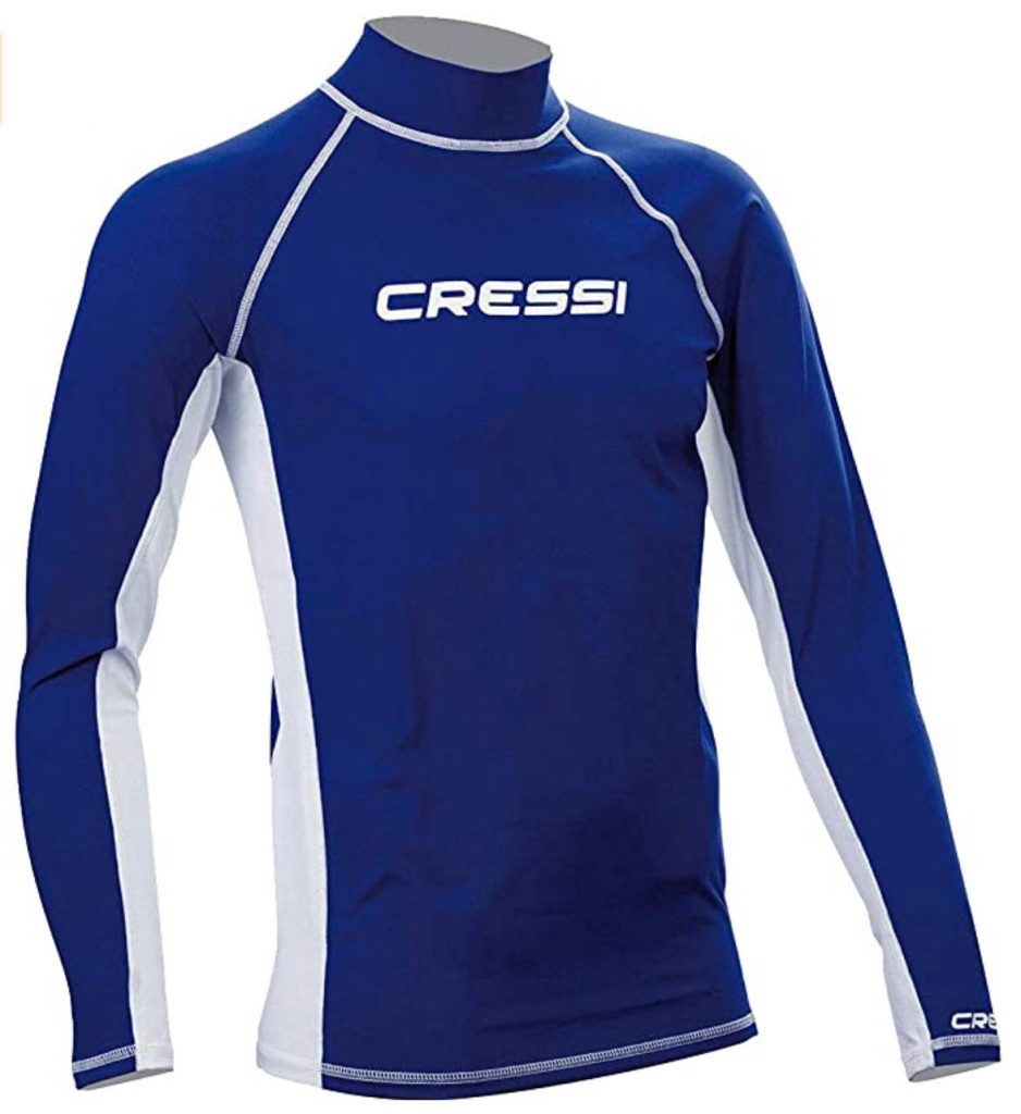 blue and white cressi rash guard for men in long sleeves are great scuba accessories