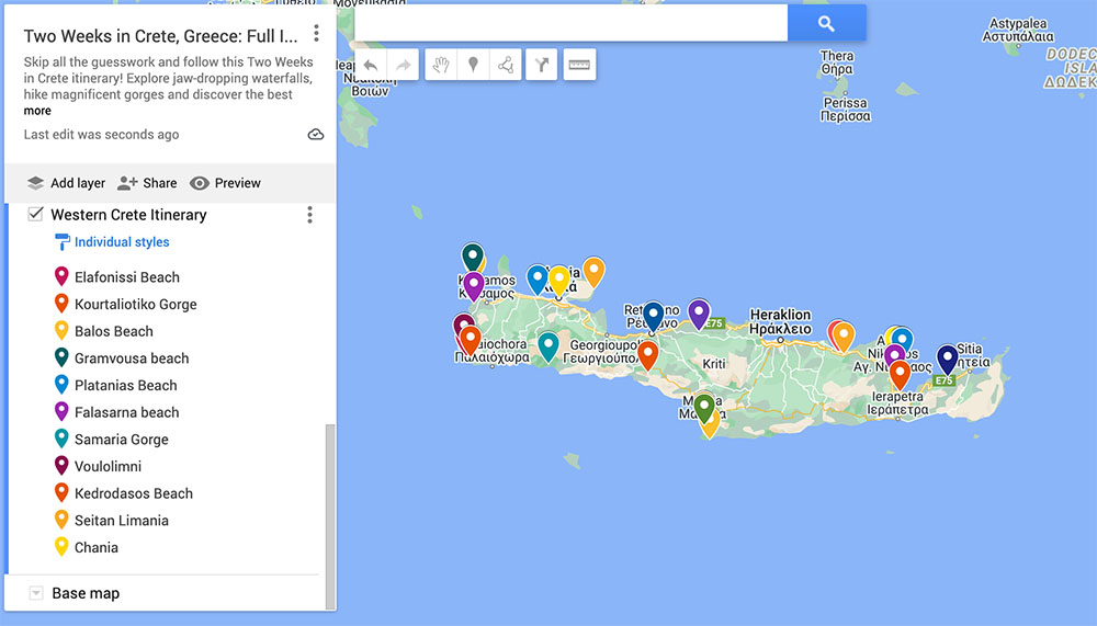 a custom map created on google for what to do and see in crete in two weeks