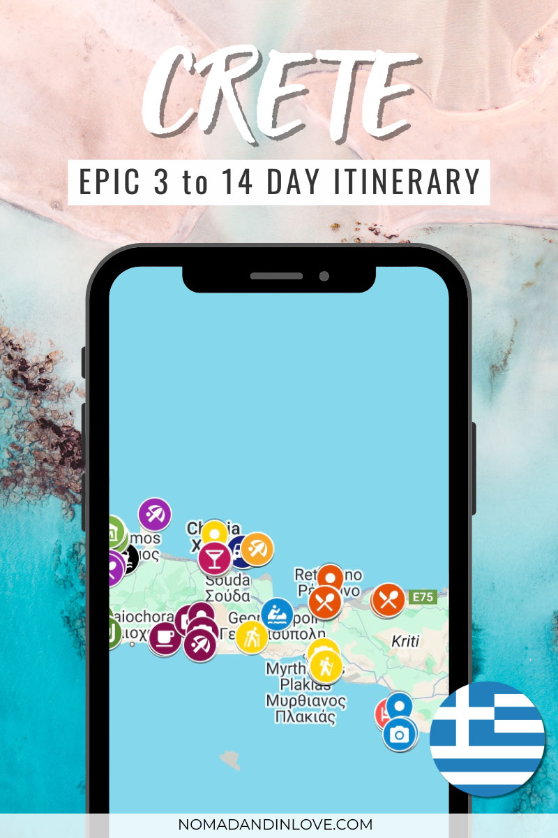 a map to find the best things to do in Crete for 3 to 14 days from where to stay, where to eat including restaurants, coffee shops and bars, where to park including free and paid for parking, the best beaches and hikes to do in Crete Greece
