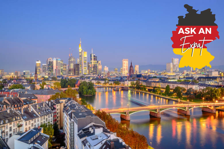 aeriel view of frankfurt city centre at dusk with an icon of a map of Germany and the words ask an expat on it