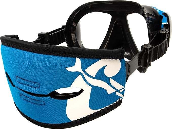 blue and black diving mask strap to protect hair from getting tangled and damaged whilst scuba diving