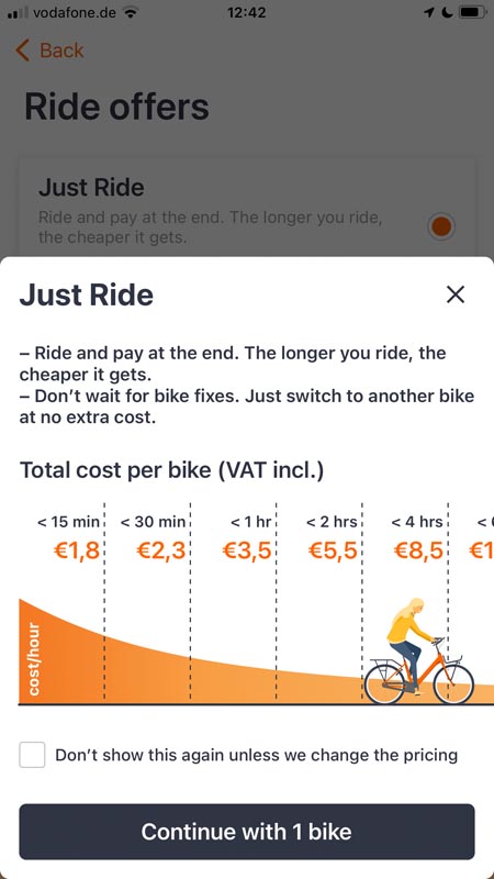 a screenshot of prices to rent donkey republic bikes in berlin