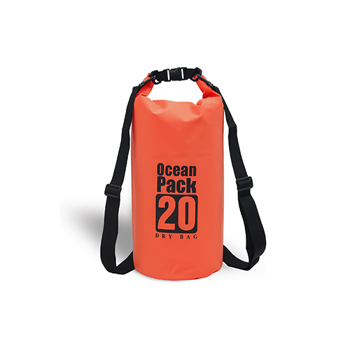 a red dry bag with a black roll-top closure and carrying handle, designed to keep items dry and protected from water during outdoor activities