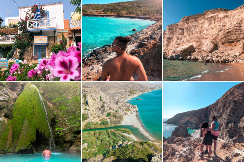 collage of best places to visit in east crete like malia, matala beach, richtis gorge and preveli beach