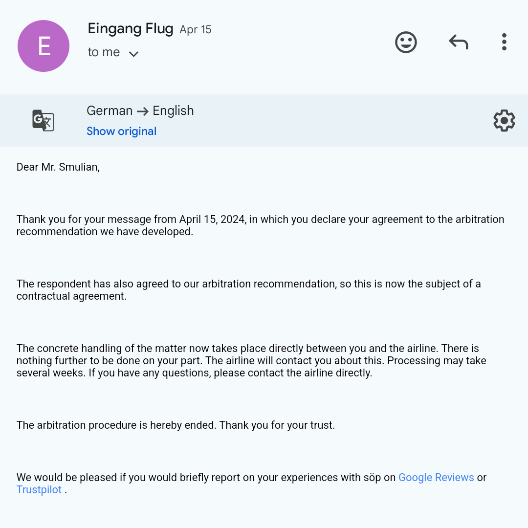 email from Söp confirming that the EC 261 compensation arbitration process was successful