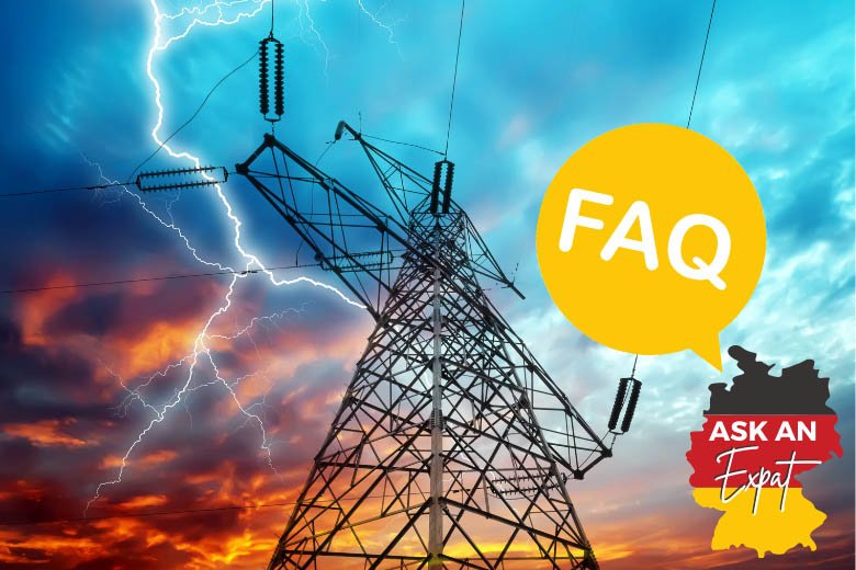 an electricity transmission tower or pylon in Germany with a lightning bolt in the orange and blue sky in the backdrop