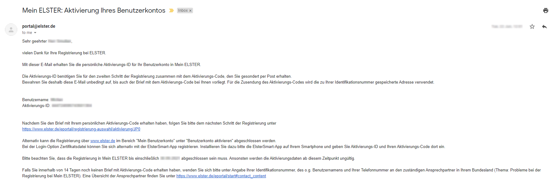 email with your ELSTER Activation ID (Aktivierungs-ID) and Username (Benutzername)
