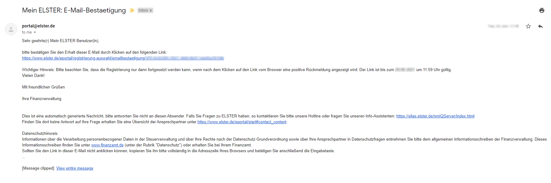 email from ELSTER requesting you to confirm your email address