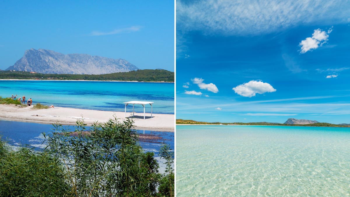 collage of photos showing lu impostu beach with tavolara island in the background in north east sardinia