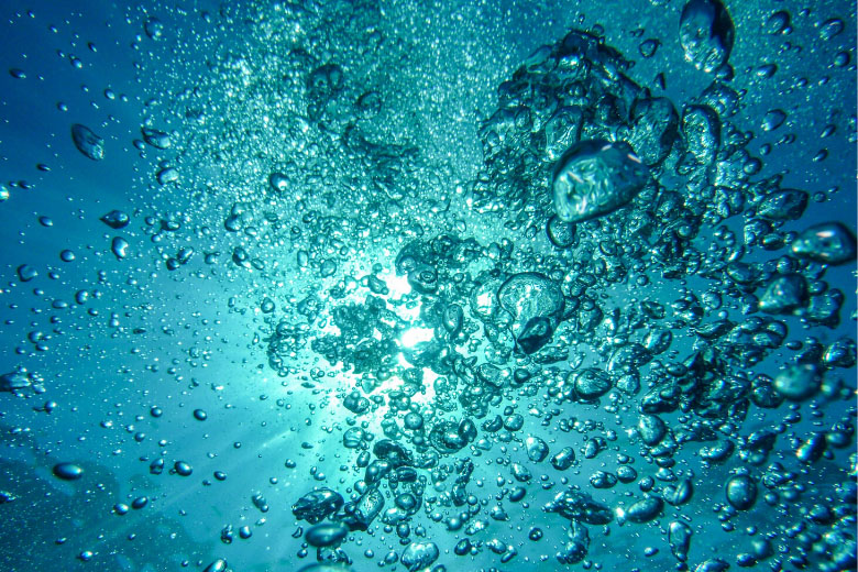 underwater photography of bubbles floating to the surface