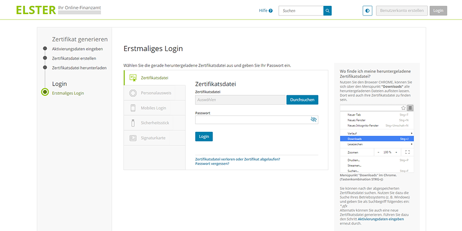 you need your Certificate File (Zertifikatsdatei) and password to log into ELSTER