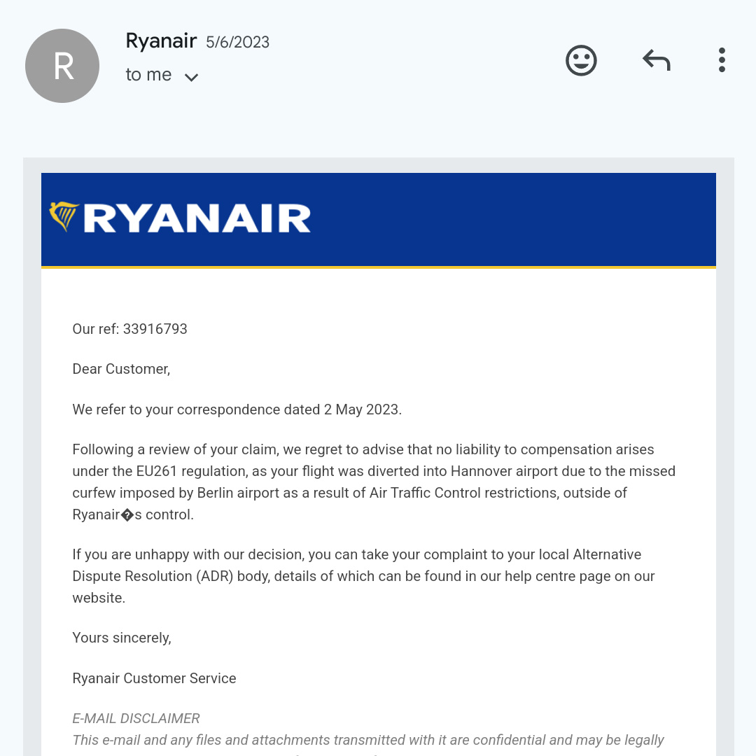 email from Ryanair rejecting EU 261 compensation because the disruption was outside of the airline’s control