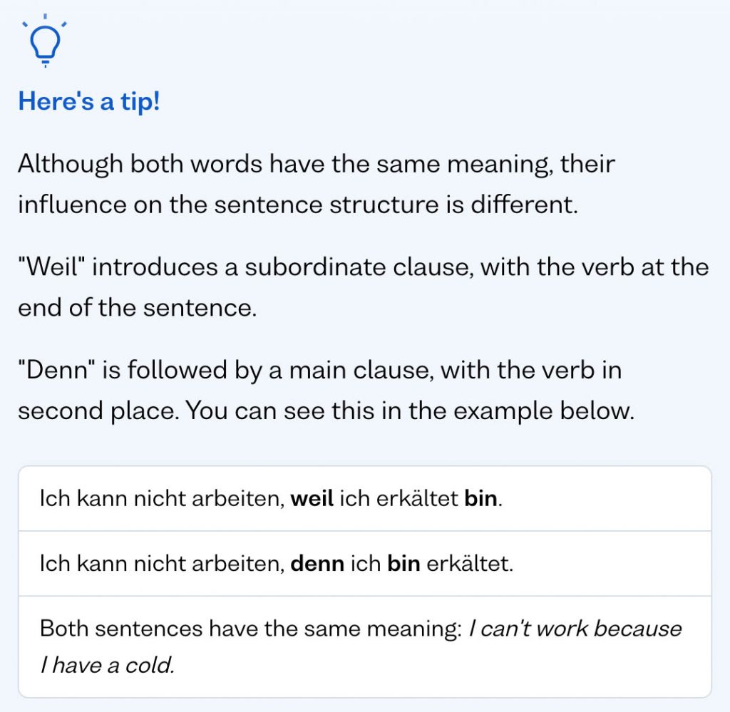 busuu app grammar explanations for german language weil vs denn