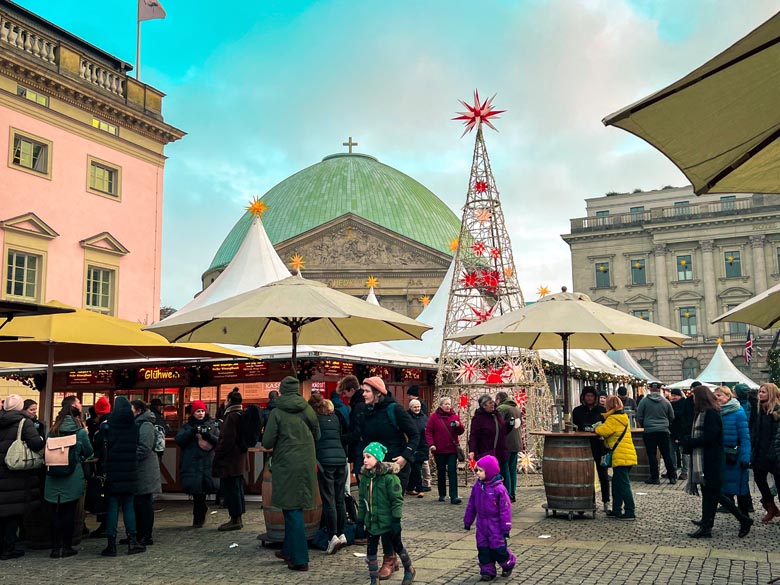 gendarmenmarkt christmas market relocated to bebelplatz with St Hedwig's Cathedral in the background