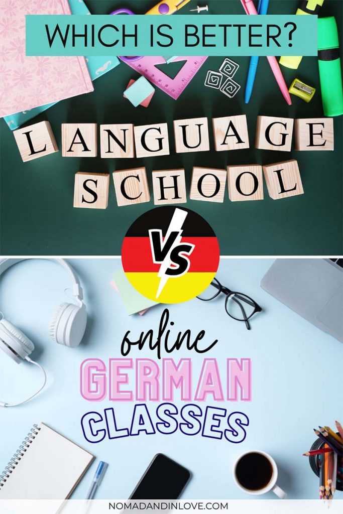 vertical pinterest image to a moving to germany expat guide comparing online german course to german language school