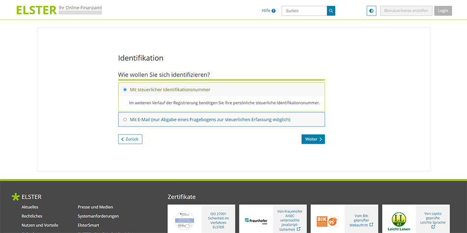 use your German tax steuer identifikationsnummer (SteuerID) to identify yourself on ELSTER