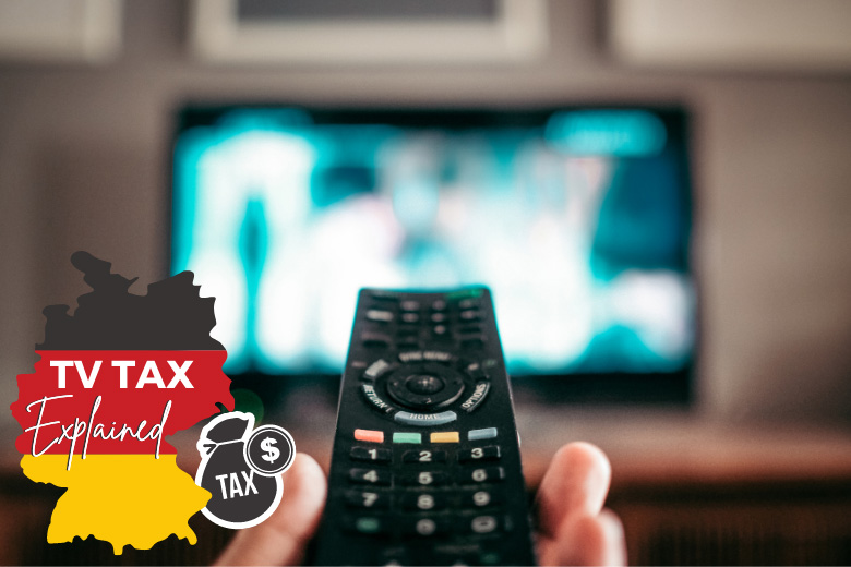 a person holding a tv remote control in front of a tv with a icon of german flag and the words tv tax on it in english